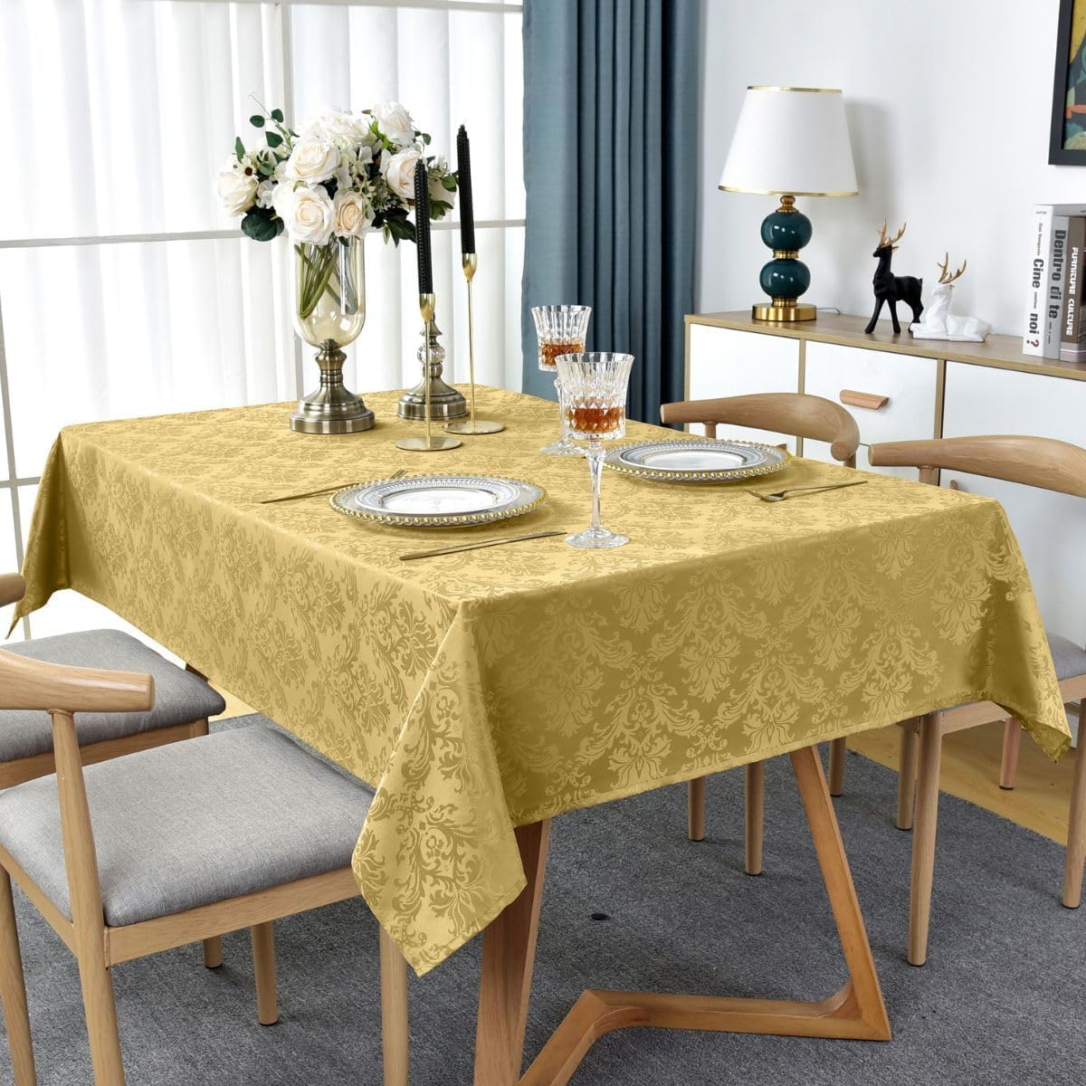 SASTYBALE Rectangle Jacquard Tablecloth - 52 x 70 Inch Spill Proof Wrinkle Resistant Damask Table Cloth, Soft Polyester Oblong Table Cover for Kitchen Parties Farmhouse, Gold