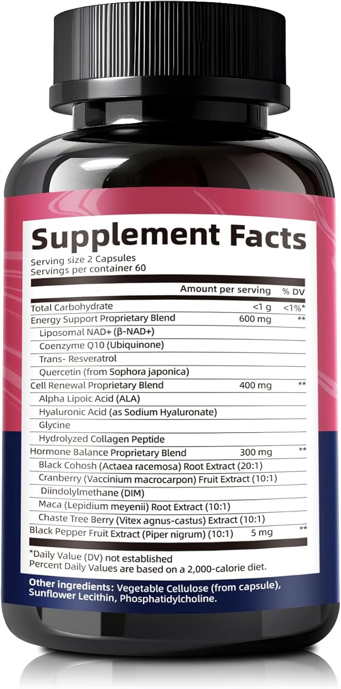 NAD Supplements for Women - NAD Resveratrol Supplement with CoQ10, DIM & Hyaluronic Acid - Liposomal NAD+ Supports Hormone Balance, Mitochondrial Health, Anti-Aging & Cellular Renewal - 120 Capsules