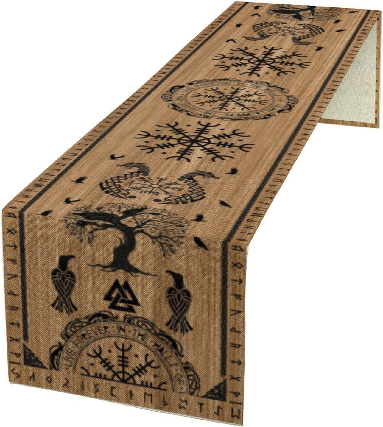 Viking Tree of Life Table Runner, Wooden Printed Eagle Dragon Boat Rudder Seasonal Kitchen Dining Table Decoration for Home Party 13x70 Inch