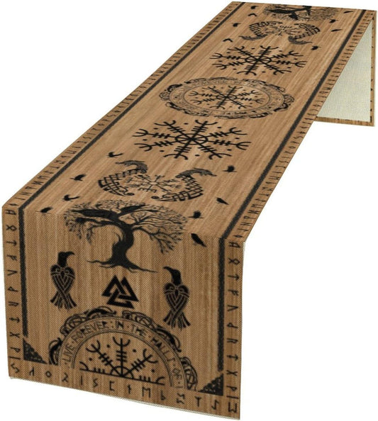 Viking Tree of Life Table Runner, Wooden Printed Eagle Dragon Boat Rudder Seasonal Kitchen Dining Table Decoration for Home Party 13x120 Inch