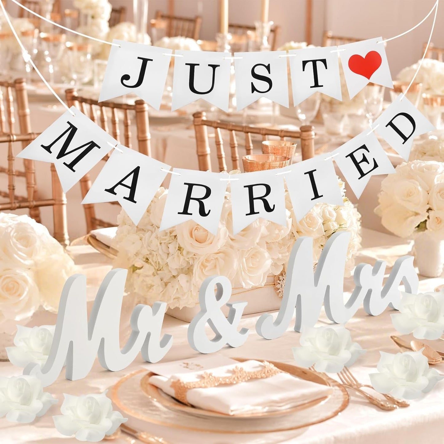 White Wooden Mr and Mrs Signs for Wedding Table, Wooden Wedding Table Signs for Ceremony and Reception - Centerpiece Decorations with Just Married Banner Gifts