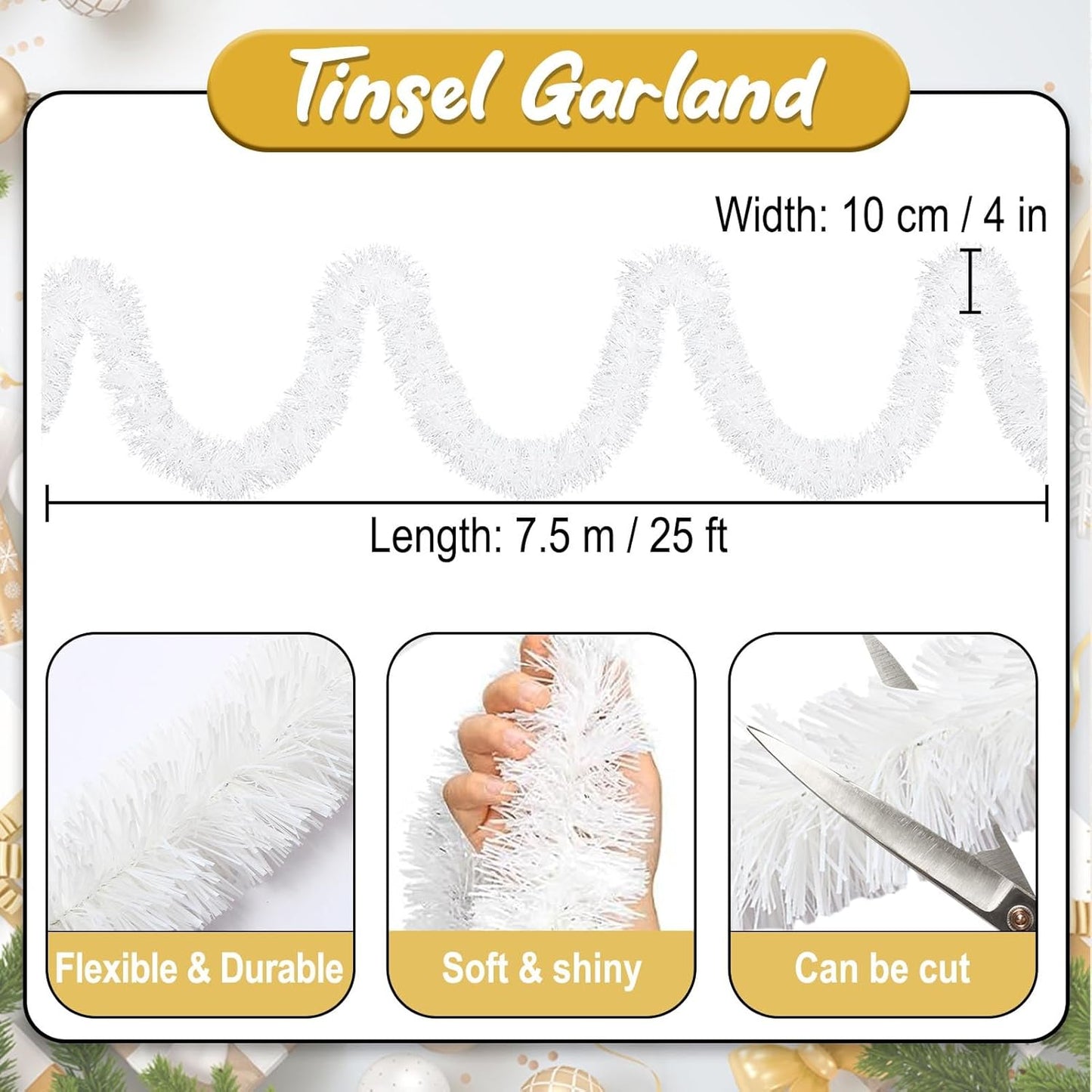 25 Feet Macaron White Christmas Tinsel Garland, Metallic Foil Twist Banner Wall Hanging Tinsel Streamers Backdrop for Parade Floats, Christmas, Mother's Day, Birthday Party Decorations(4in x 25ft)