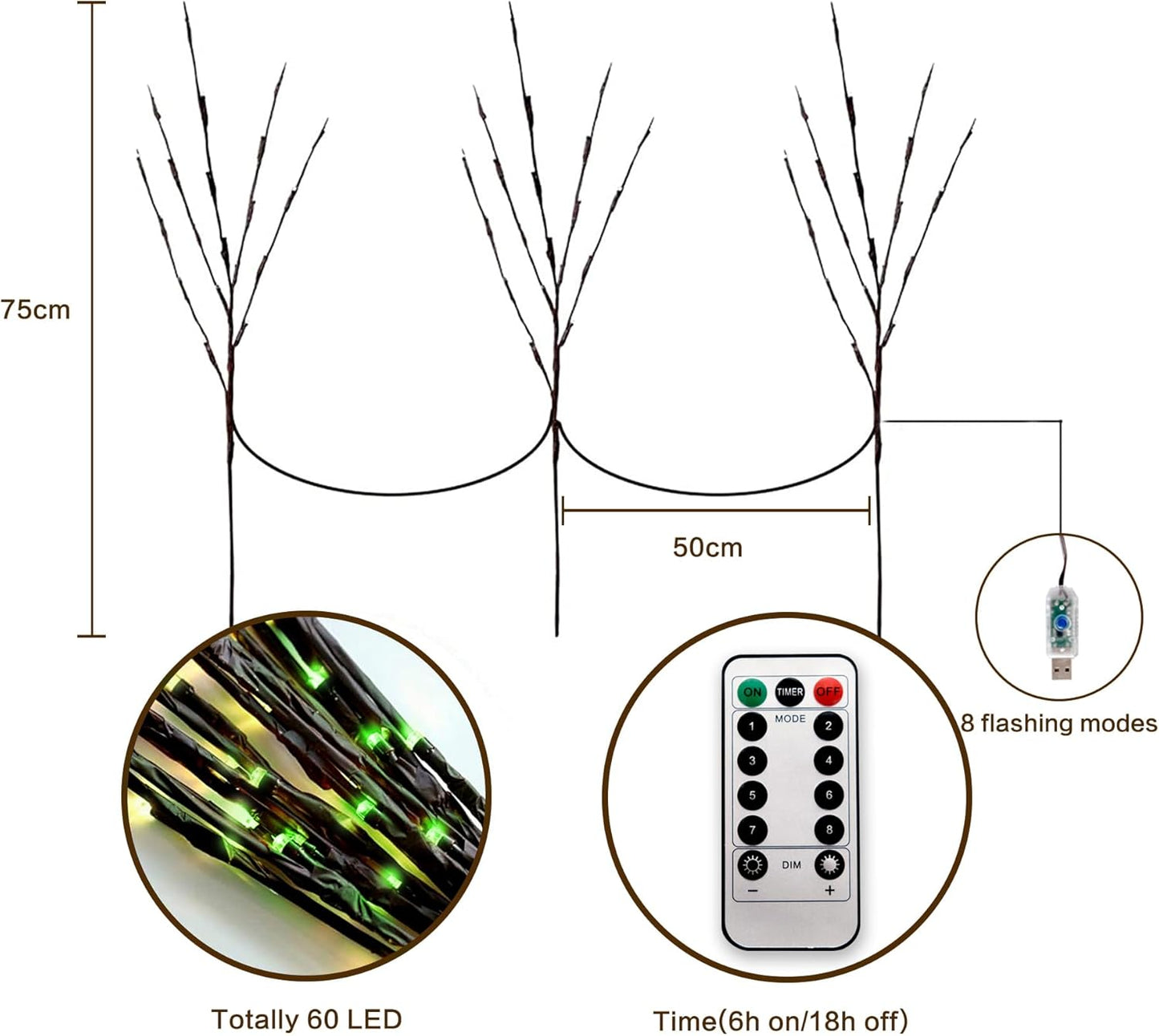 MENCH Branch Lights,3 Pcs Twig Light USB&Battery Powered 8 Flashing Modes by Remote Control.Branch Lights for Indoor, Light Up Decorations for Halloween Day and Christmas,Green