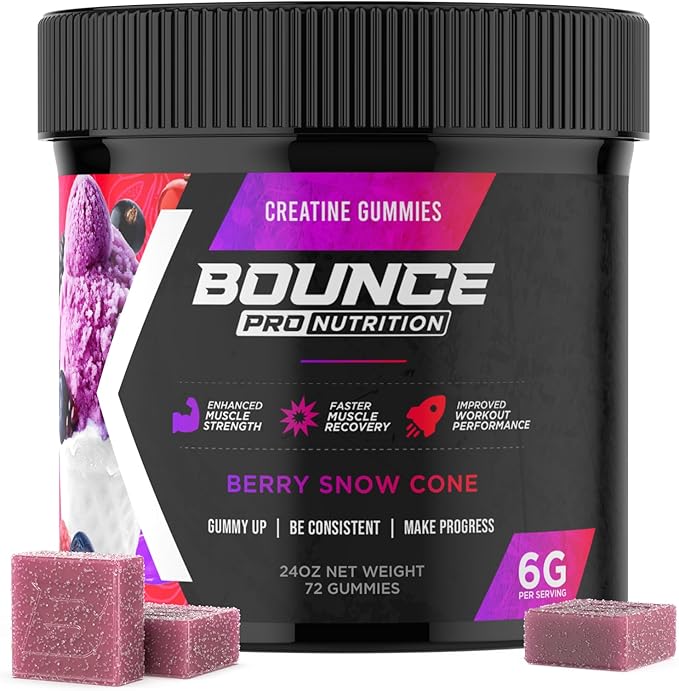 Bounce Pro Creatine Monohydrate Gummies for Men & Women, Low Calorie, 6G of Creatine per Serving, Vegan, Anti-Melting, Gluten-Free, Non-GMO, 2g of Creatine per Gummy (72ct, Berry Snow Cone)