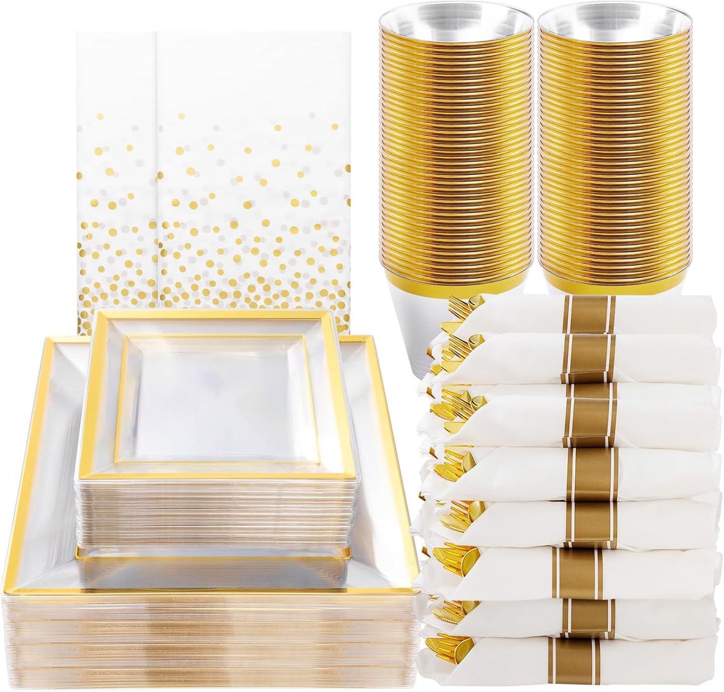 Goodluck 352-Piece Clear Plastic Dinnerware Set for 50 Guests, Includes: 100 Clear Square Plates with Gold Trim, 50 Rolled Napkins, 50 Cups, 50 Cutlery Set and 2 Tablecloths