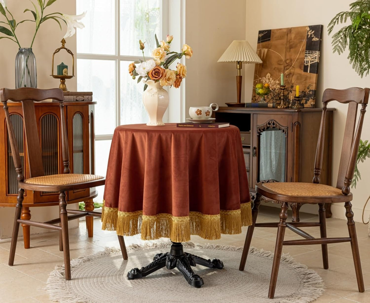 F-CHU Luxury Burnt Orange Tablecloth Thickset Velvet Tablecloth with Beautiful Gold Vintage Tassels Table Cloth for Home Decor Wedding, Party, Banquet and Events 48" Round