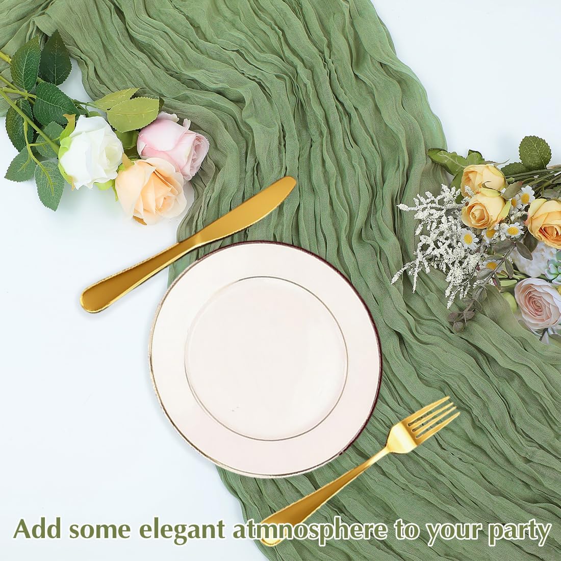 Olive Green Cheesecloth Table Runner -21*120Inch Long Boho Wedding Table Decor, Rustic Gauze Fabric Runner for Bridal Showers, Baby Showers & Parties (Sheer, Lightweight, Wrinkled Design)