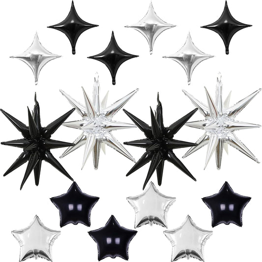 Black and Silver Star Balloons, 22in Large Star Balloons Foil 10in 4-Pointed & Pentagram Balloon for New Year Graduation Wedding Engagement Birthday Party Decorations