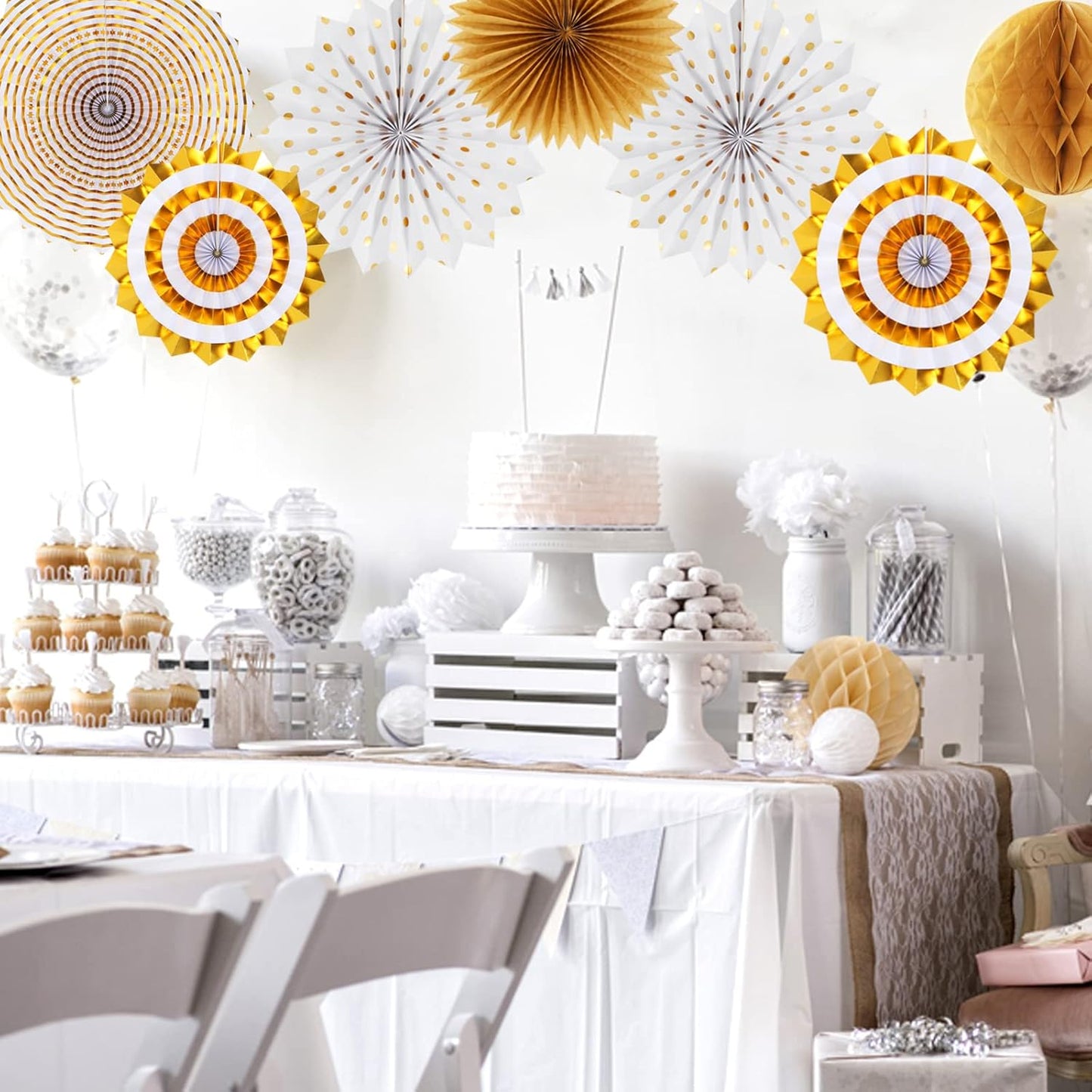 White Gold Bridal-Shower Engagement Party-Decorations - 33pcs Banner,Streamers Tassel Garland,Tissue Pom Poms Honeycomb,Paper Lantern Fans,Christmas Wedding Bachelorette Baby Birthday Decor Hugtmr