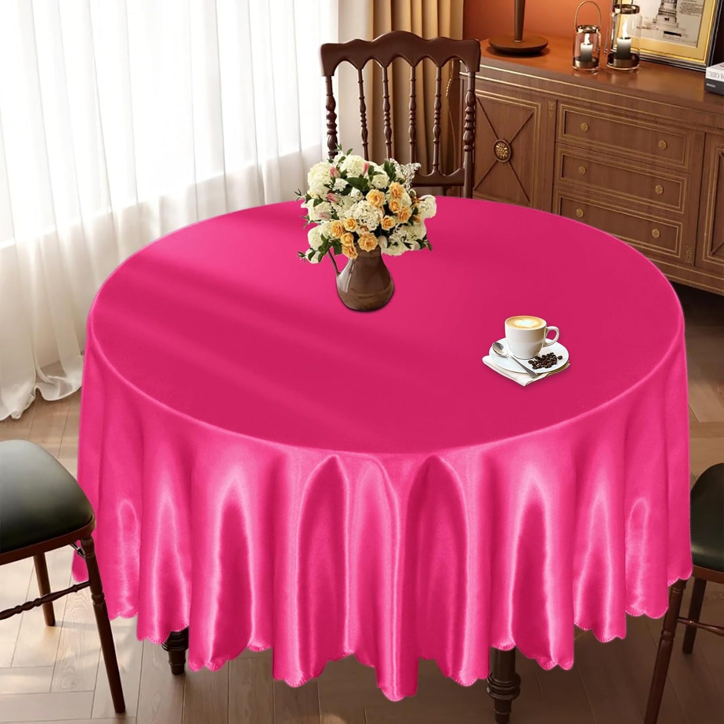 KKJIAF 1 Pack 60 Inch / 5ft Round Table Cloth, Hot Pink Overlay Round Satin Table Cover, Silky Satin Dining Tablecloths for Wedding Buffet Parties Banquet Decoration