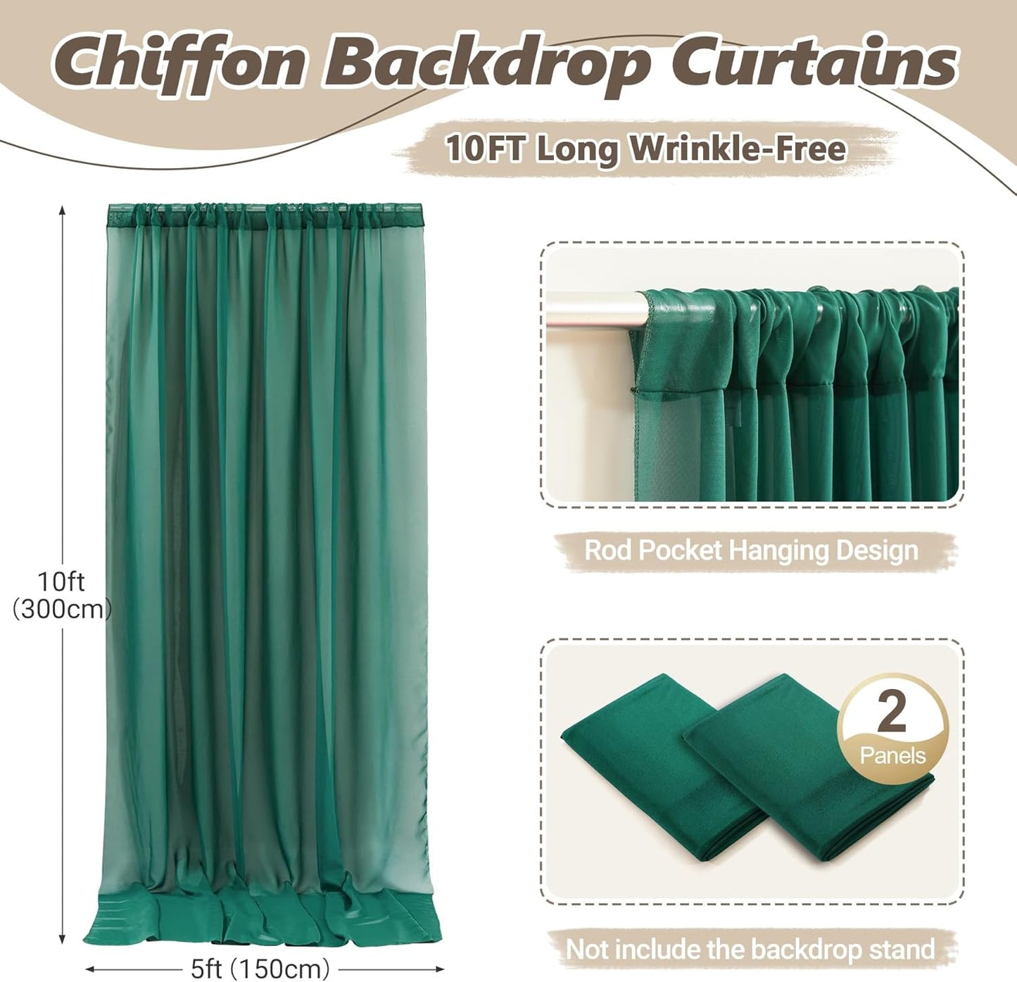 10ft x 10ft Emerald Green Backdrop Curtains, Wrinkle-Free Sheer Chiffon Fabric Photo Backdrop Drapes for Wedding Arch Party Ceremony Photography Decoration