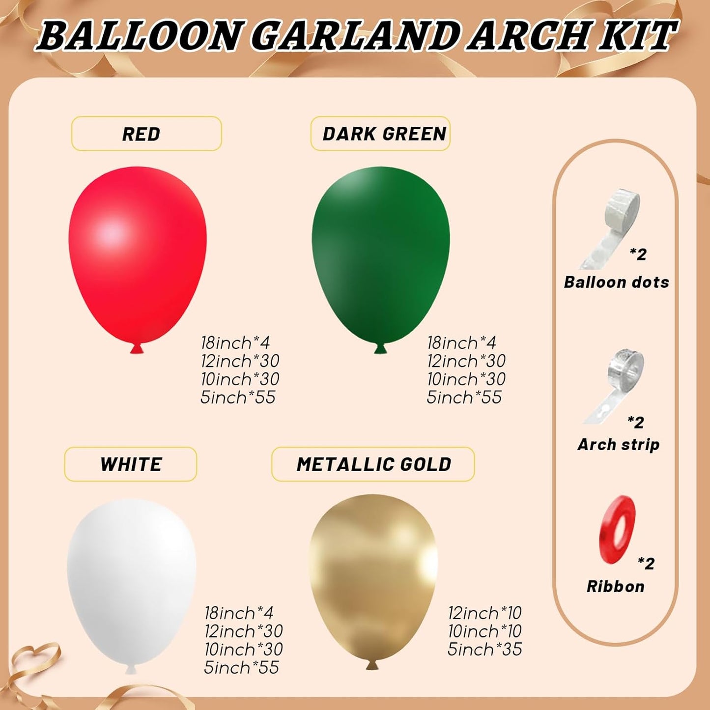 412pcs Red Green White Balloon Garland Arch Kit, 18 12 10 5 inch Different Sizes Red White Dark Green Balloon for Birthday Christmas New Year Party Decor