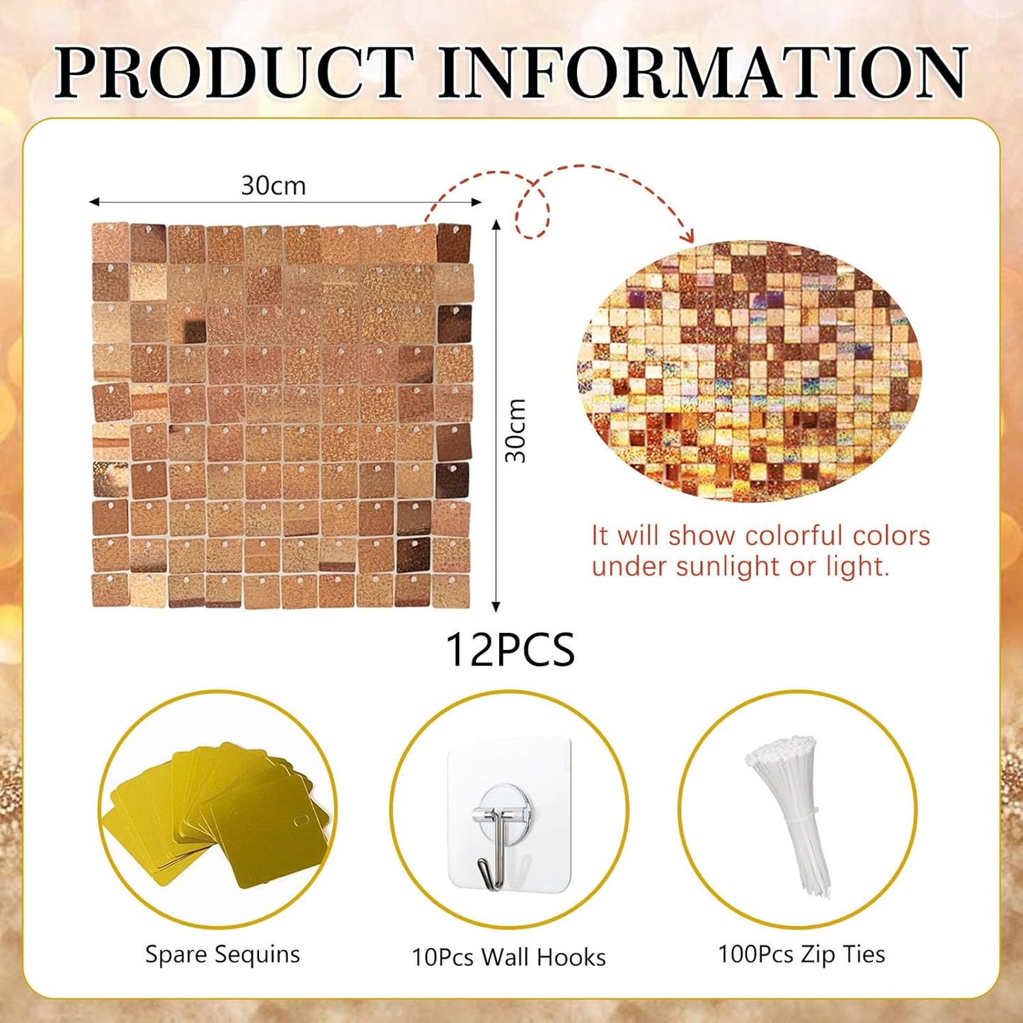 12PCS Champagne Shimmer Wall Backdrop, Laser Square Sequin Photo Backdrops Panel, Glitter Wall Background for Birthdays, Weddings, Christmas, Engagements, Disco Bachelorette Party Decoration (3FTx4FT)