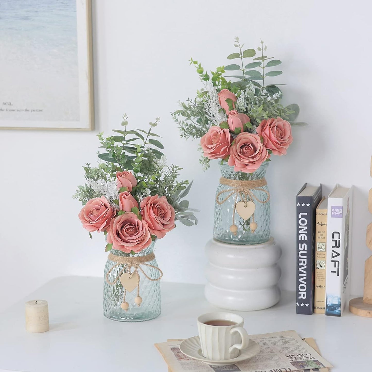 Faux Flowers with Vase,Artificial Silk Roses in Vase, Fake Plant Eucalyptus Flower Arrangement for Home Office Farmhouse Bathroom Dining Table Centerpiece Decorations Coffee Table Decor (Dusty Pink)