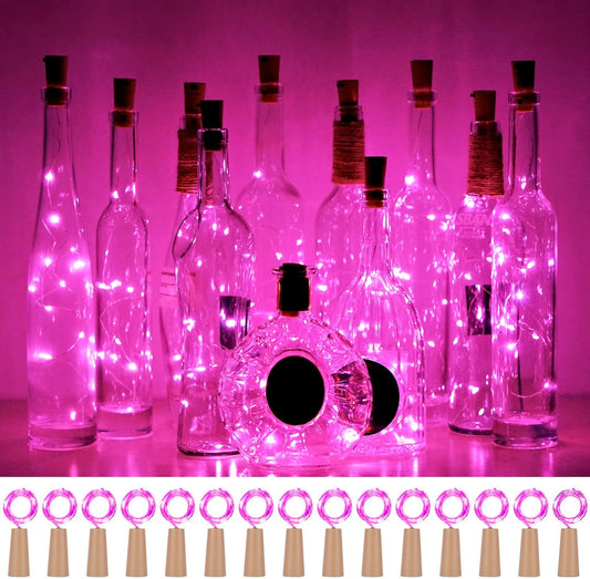 Wine Bottle Lights with Cork 15Pack 10 LED 40 Inches Battery Operated Silver Wire Liquor Fairy Mini String Lights for Party Christmas Halloween Wedding Decoration (Pink)