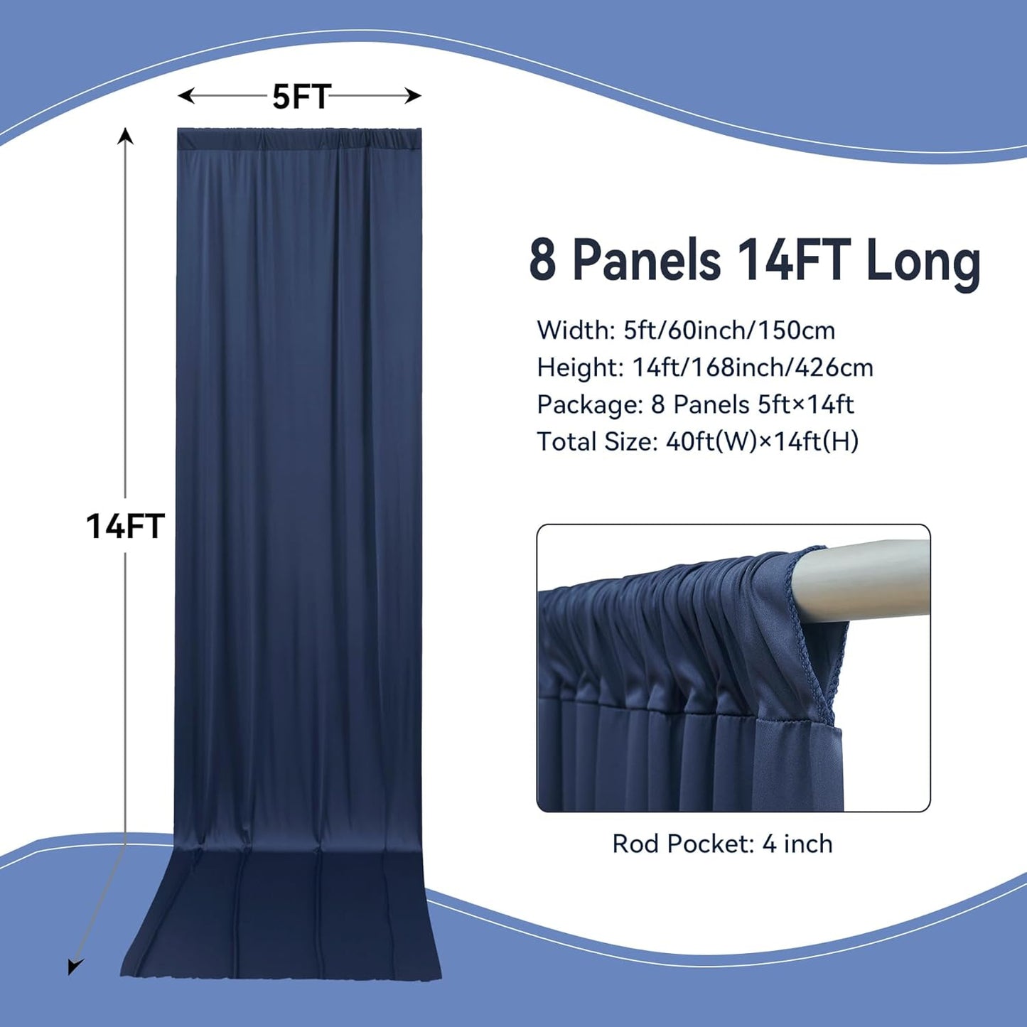 40×14ft Wrinkle Free Navy Blue Backdrop Curtain for Wedding Parties,8 Panels 5×14ft Height Soft Silky Polyester Photo Backdrop Drapes Curtains for Birthday Photography Stage Events Background Cloth