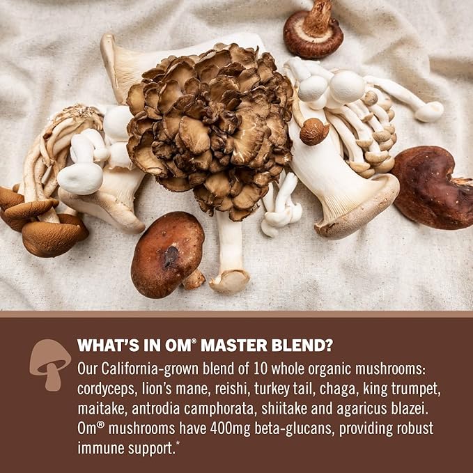 OM MUSHROOM SUPERFOOD Master Blend Mushrooms & Adaptogens, Creamy Chocolate Plant Protein, Single Serve, 10 Count, 10 Mushroom Complex, Lion's Mane, Ashwagandha, Stress Relief, GLP-1 Support