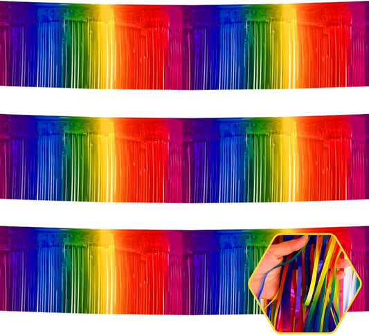 3 Pack 10 Feet Dark Rainbow Foil Fringe Garland Metallic Tinsel Streamers Banner Wall Hanging Curtain Backdrop for Parade Floats, Christmas, Valentine's Day, Thanksgiving, Birthday Party Decorations
