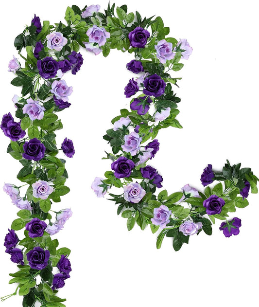 Floweroyal 2 Pack Artificial Flower Garlands 15.8FT Fake Rose Vines Silk Flowers Hanging Rose Ivy for Wedding Arch Party Home Garden Wall Decor (Purple)
