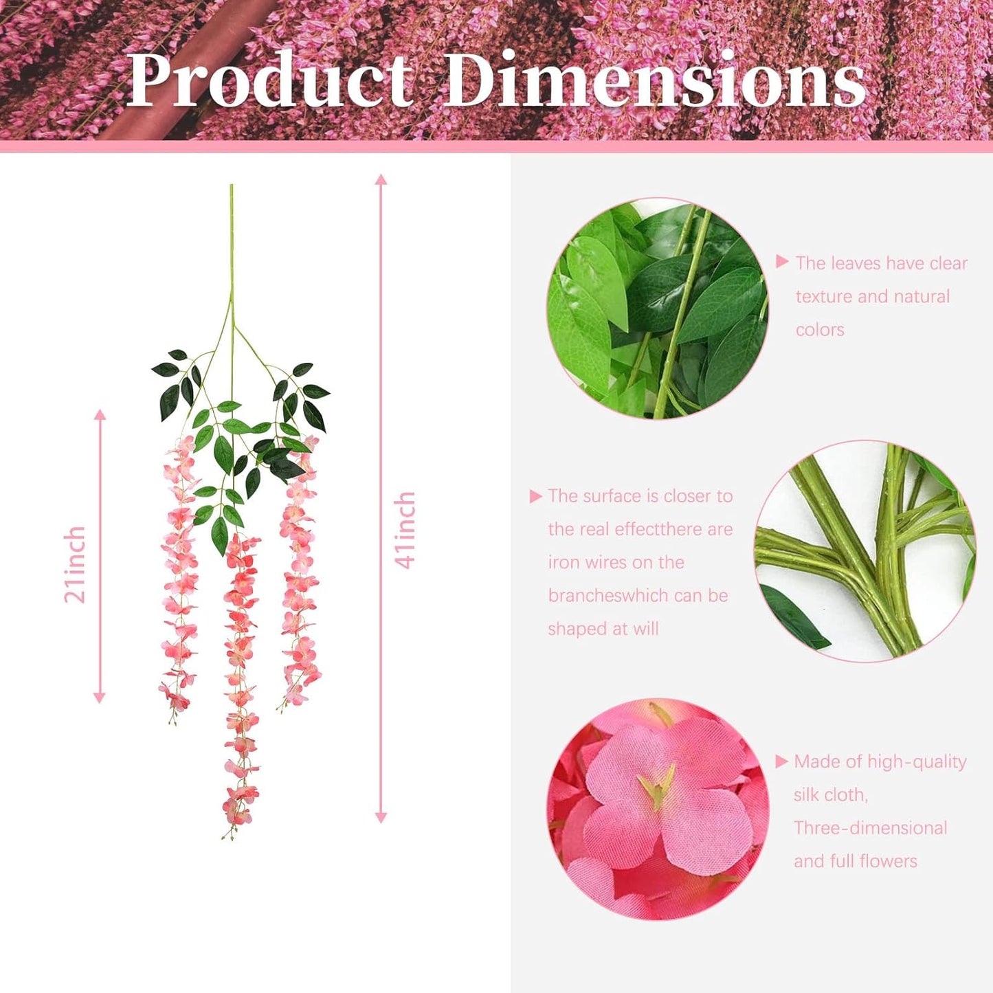 24 Pack Dark Pink Wisteria Hanging Flowers, 3.4 Ft Fake Hanging Flowers, Artificial Wisteria Garland Vines for Wedding Room Backdrop Outdoor Patio Garden Decoration