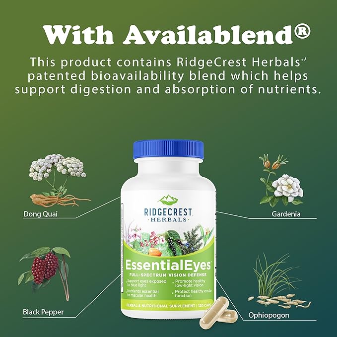 Ridgecrest Herbals EssentialEyes, Natural Eye Vitamin Supplements, Contains Lutein, Zeaxanthin, Bilberry Extract, Supports Eye and Vision Health (120 Vegan Caps, 30 Serv)