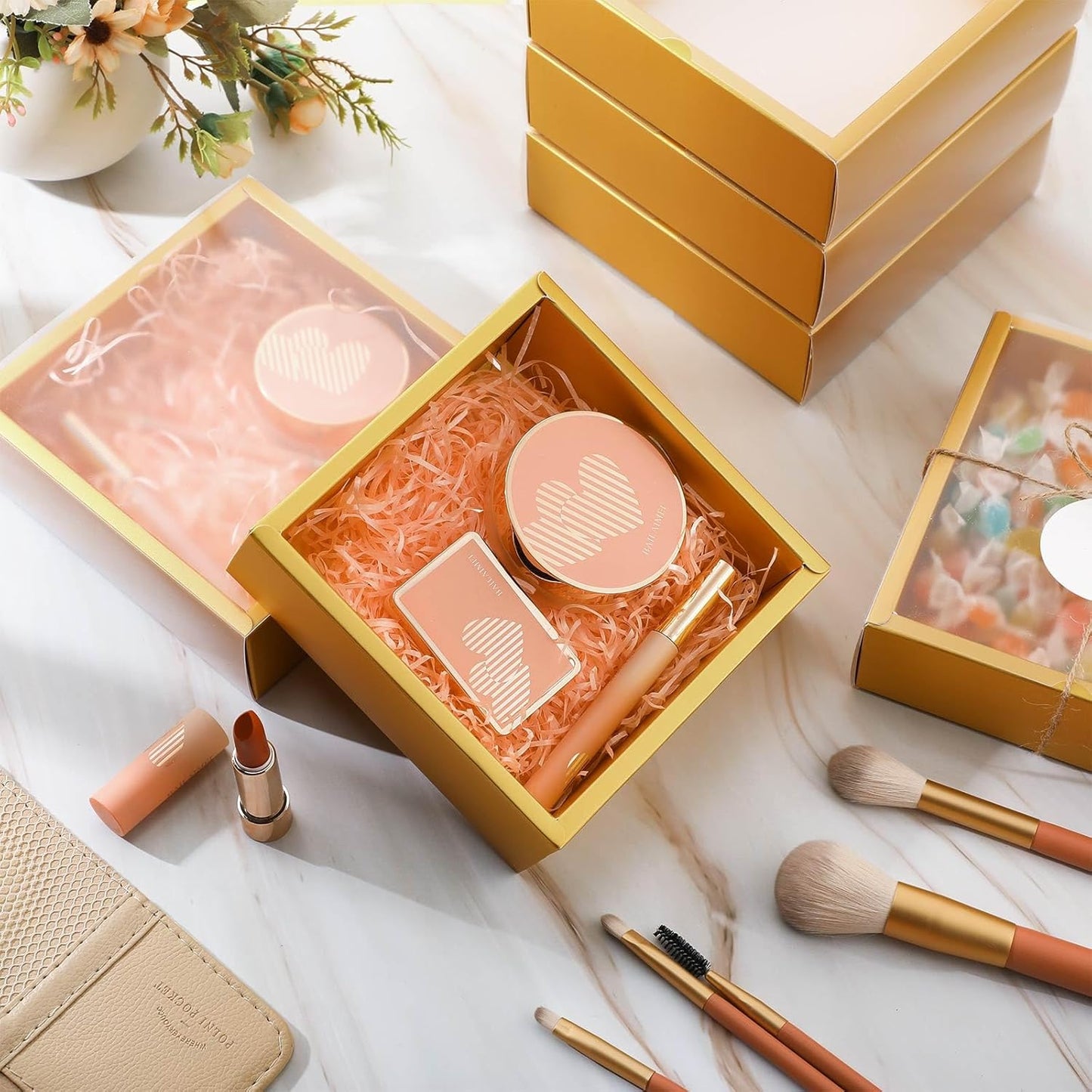 Roowest 50 Sets Kraft Soap Boxes Rectangle Packaging Box with Window Homemade Gift Box with Blank Tags and Jute String for Jewelry Candy Wrapping Party Favor(6.5 x 6.5 x 2 Inch,Gold)