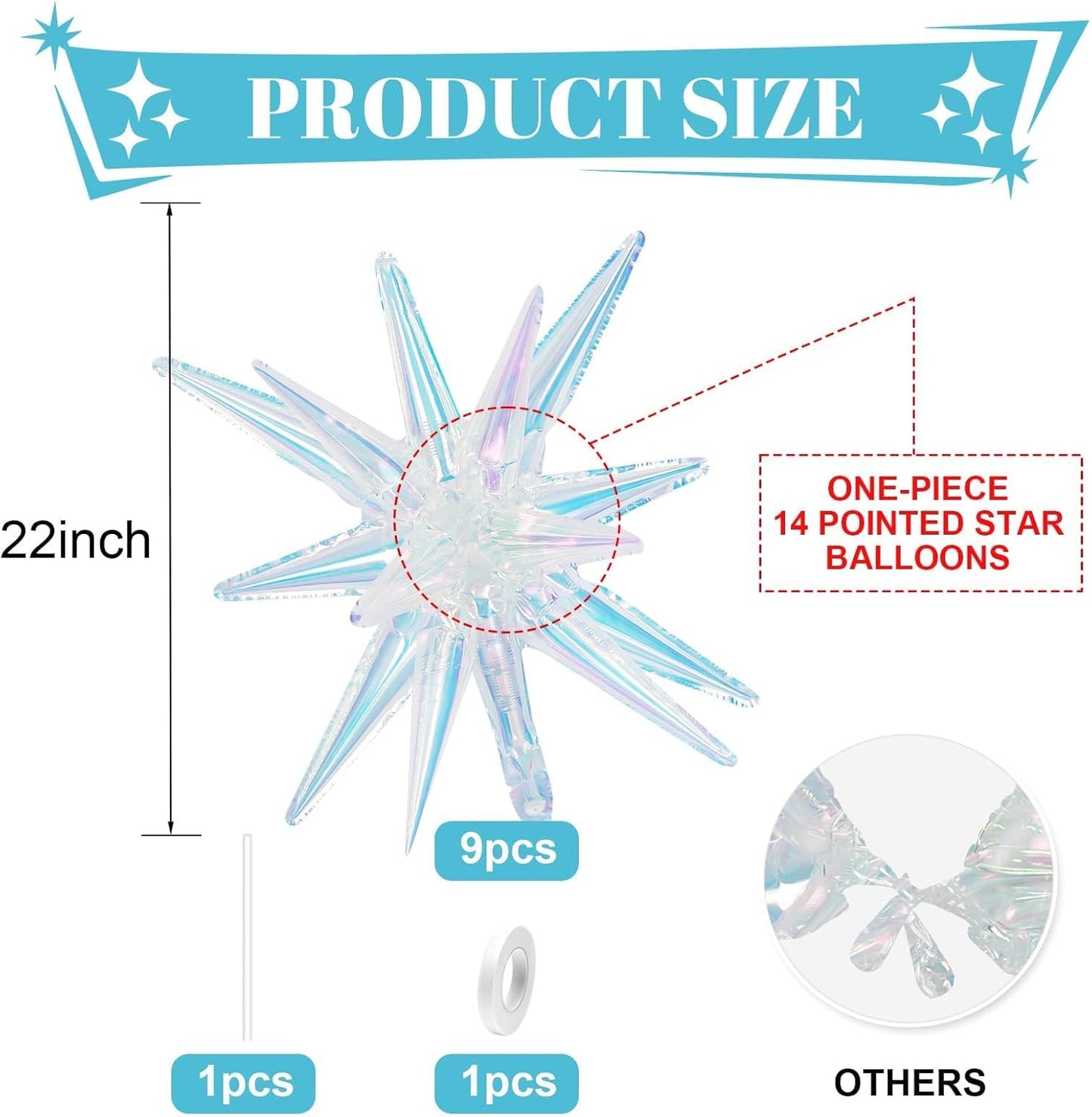 Iridescent Star Balloons,9Pcs 22Inch Iridescent Clear Explosion Spike Cone Helium Polyester Film Star Foil Balloons for Birthday Anniversary Baby Shower Wedding Disco Party Decorations