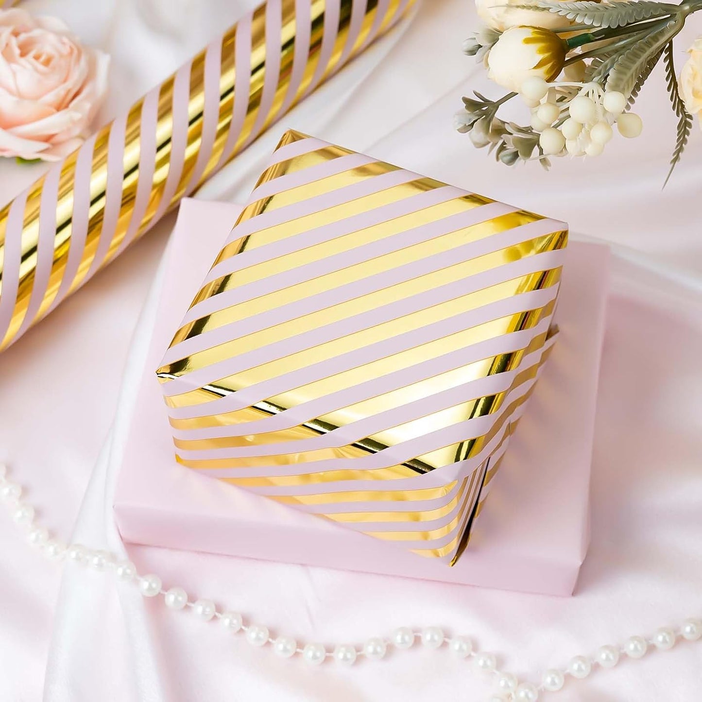 Burymento Pink and Gold Stripes Wrapping Paper, Reversible Pink Gift Wrap for Birthday, Valentines, Mothers day, Graduation, Wedding, Fathers day, Baby Shower, Christmas (17in x 32.8ft)