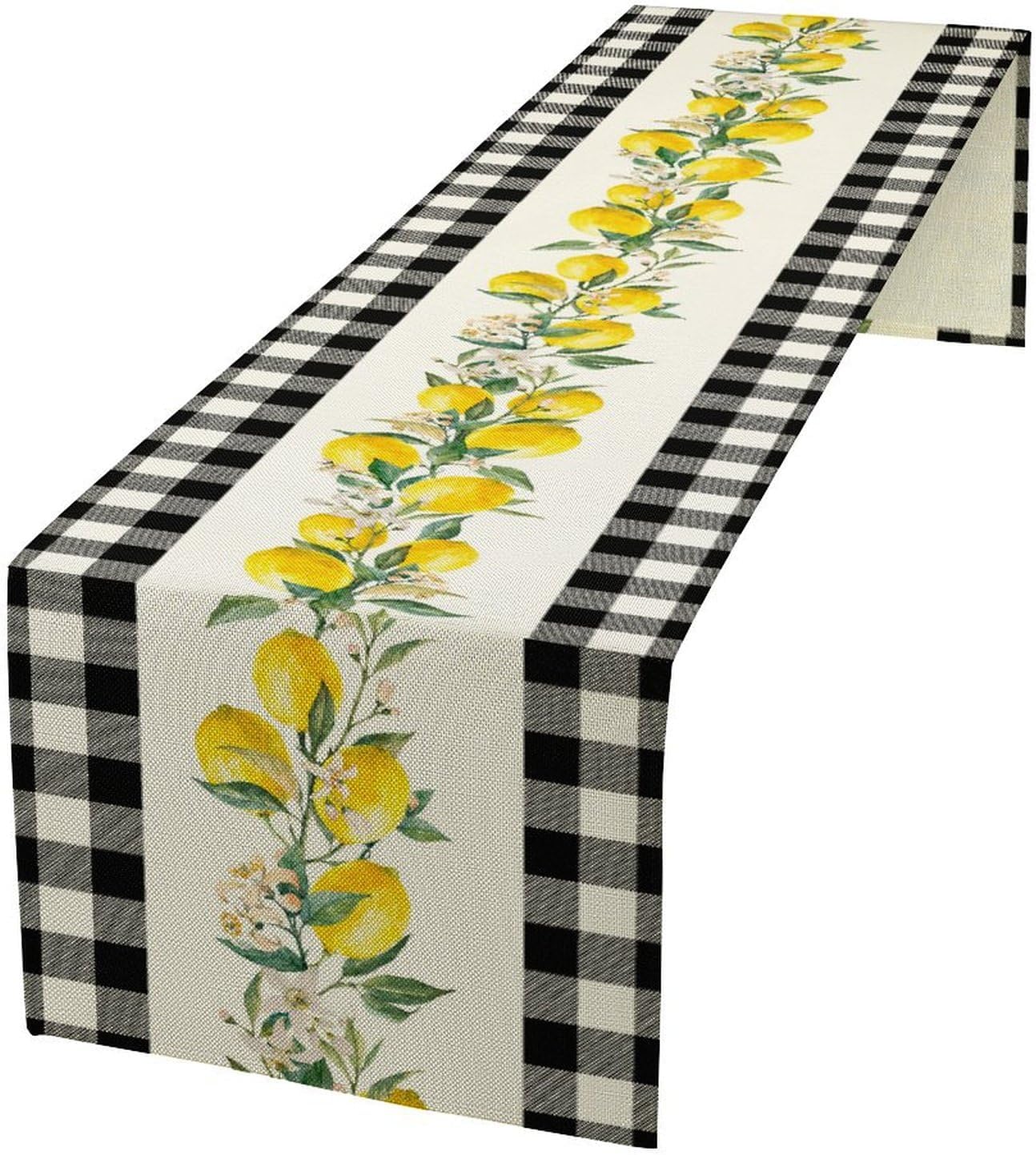 Lemon Table Runner,Black Buffalo Plaid Lemon Table Runner Farmhouse Style Spring Summer Home Kitchen Dinding Room Table Decoration 13x108 Inch