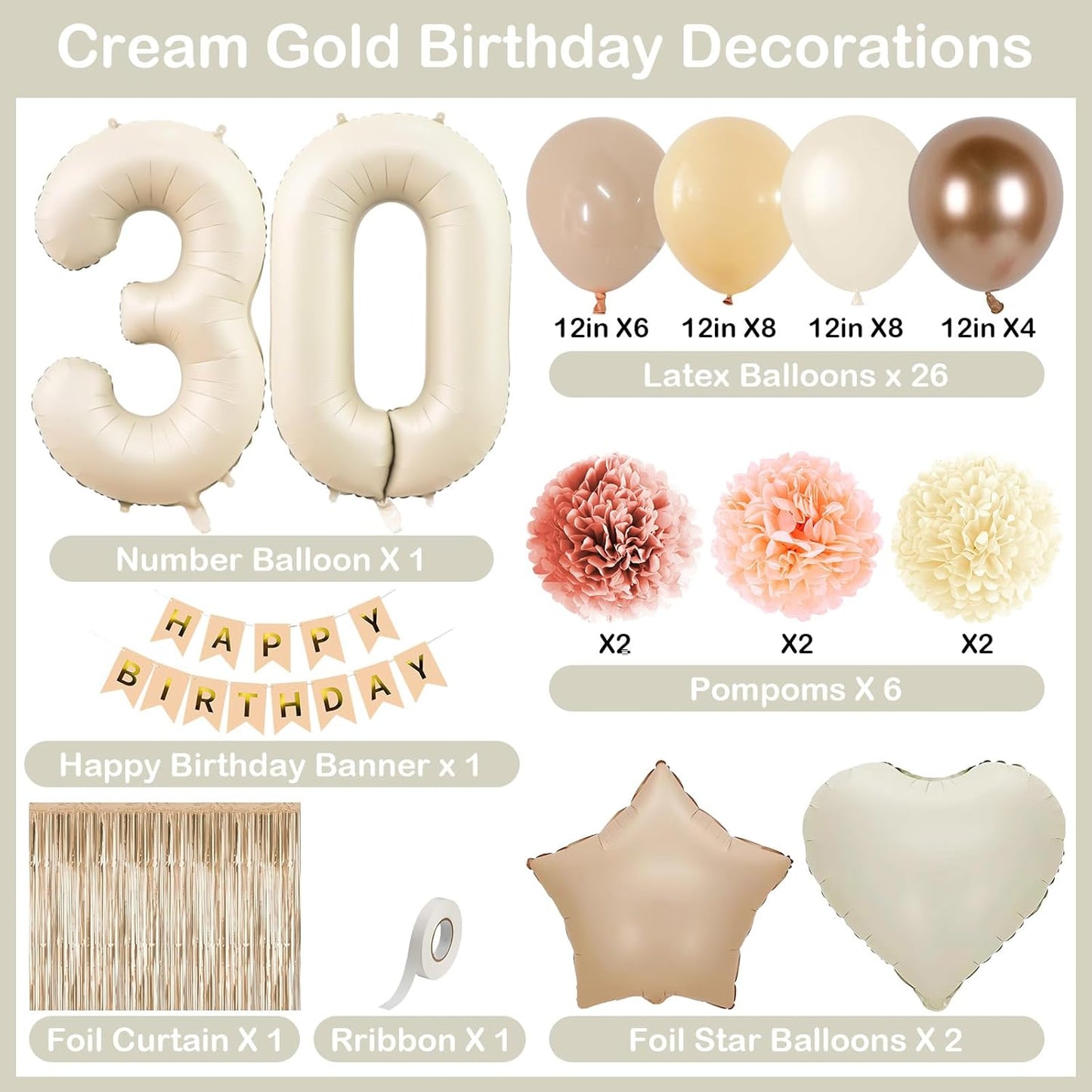 Beige 30th Birthday Decorations for Her Cream Number 30 Balloon Nude Gold Happy Birthday Banner Fringe Curtain Paper Pom Poms Blush White Sand Champagne Star Foil Balloons Neutral Boho Party Decor