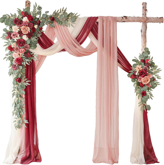 Deluxe Wine Red Artificial Wedding Arch Flowers with Drapes Kit-Pack of 5, 2pcs Flower Arrangements 3pcs Hanging Valance Red Ceremony Arbor Reception Backdrop Rose Floral Decorations.