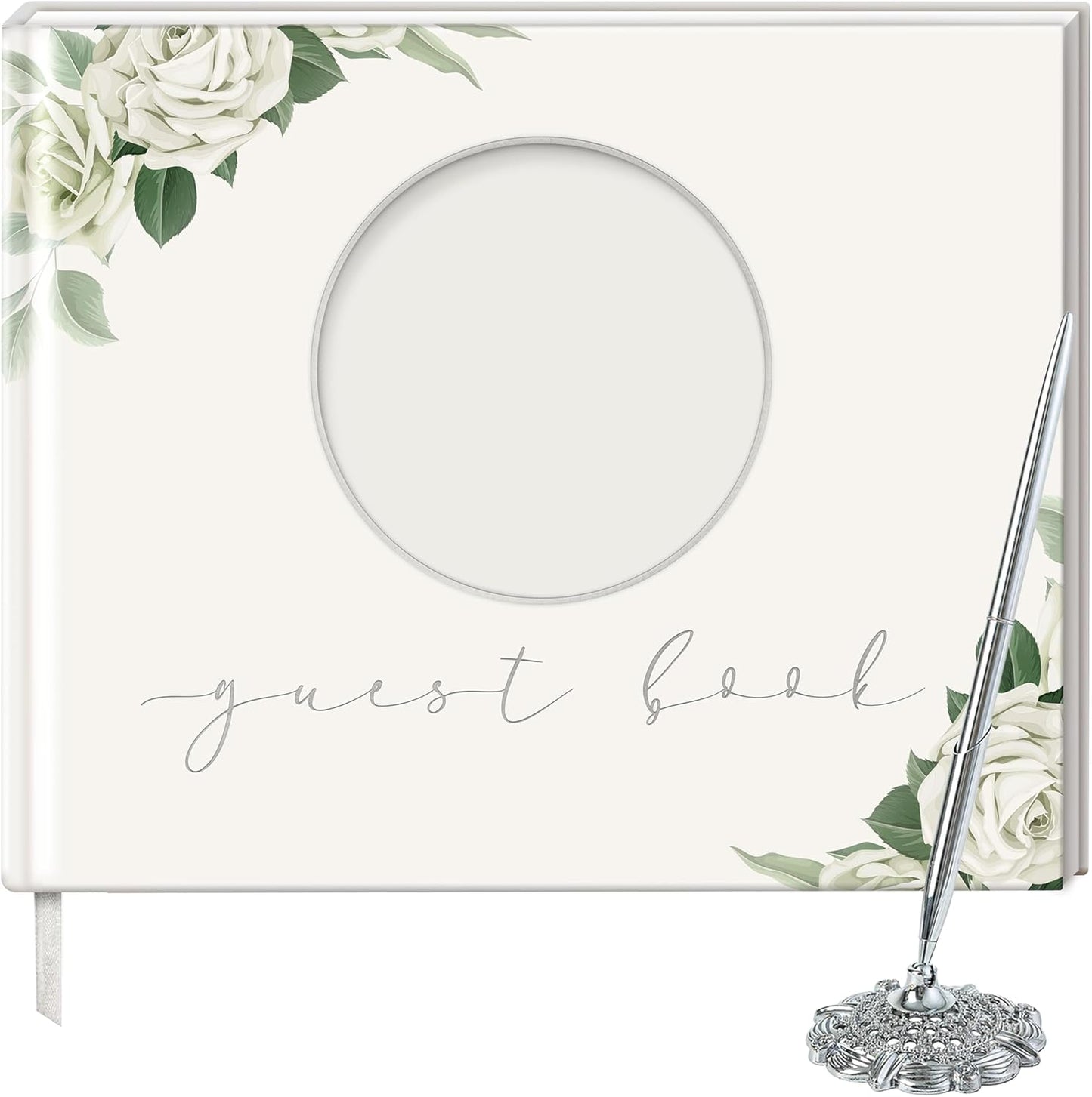 Wedding guestbook Cover Size 8x10 inch, Wedding Memory Book Bundle with a Pencil, Guest Wedding Book, Full Color Printing with Round Photo Frame.