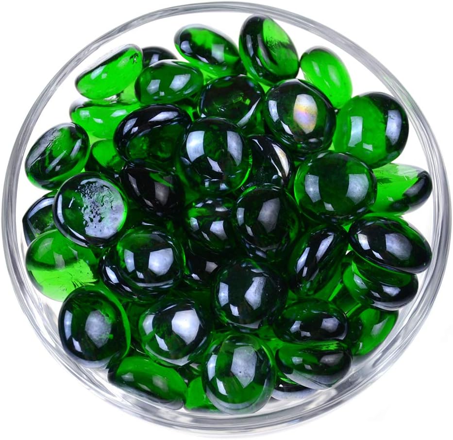 KINGOU Flat Glass Gems/Marbles/Stones/Beads for Vase Filler, Table Scatter, Games - 1 Lbs (17-19mm, Approx. 3/4")-Green