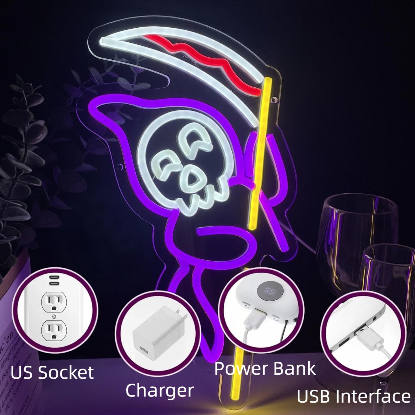 Grim Reaper Neon Sign Halloween, USB Halloween Neon LED Light for Wall Decor, Grim Reaper Ghost Halloween Sign Decorations for Home Bar Salon Coffee Stores Porch Front Door