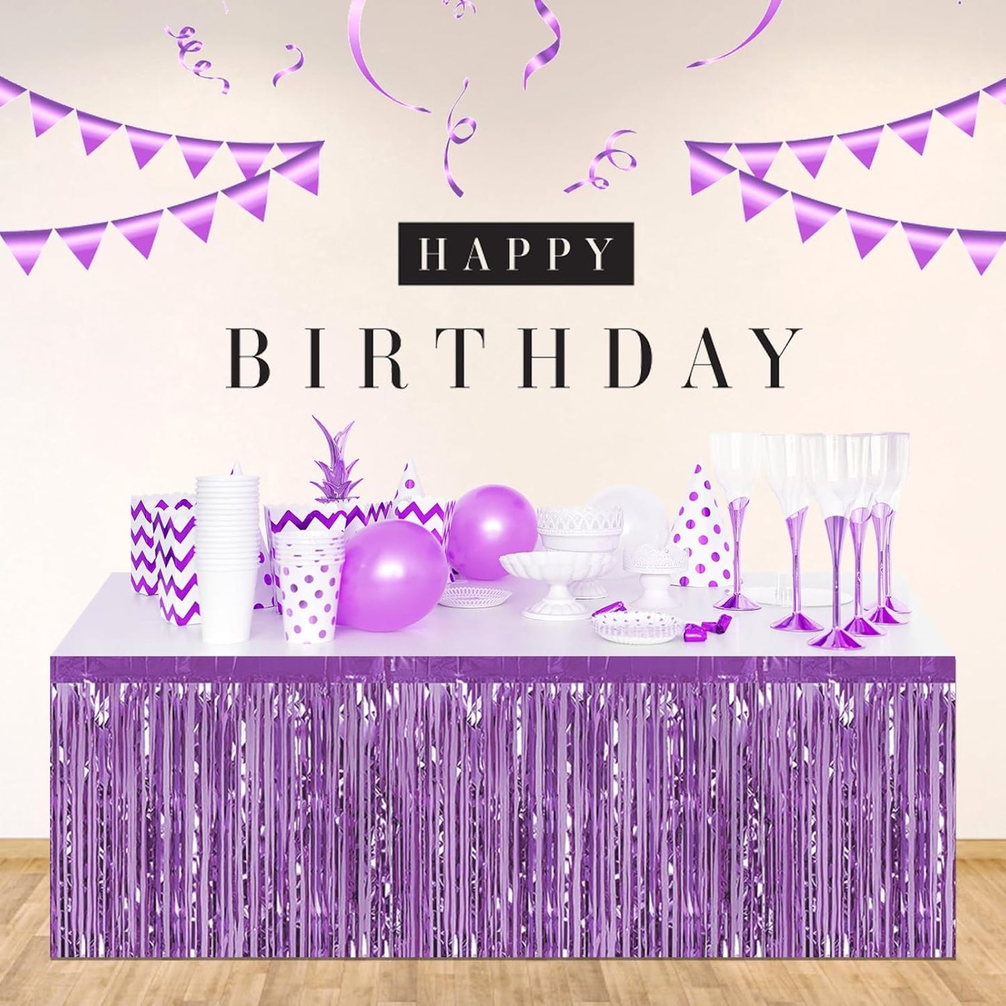 3 Pack 29 x108 Inch Light Purple Foil Fringe Table Skirts Metallic Banner for Tinsel Streamer Garland Backdrop for Parade Floats Wedding Thanksgiving Birthday Christmas New Year Party Decoration