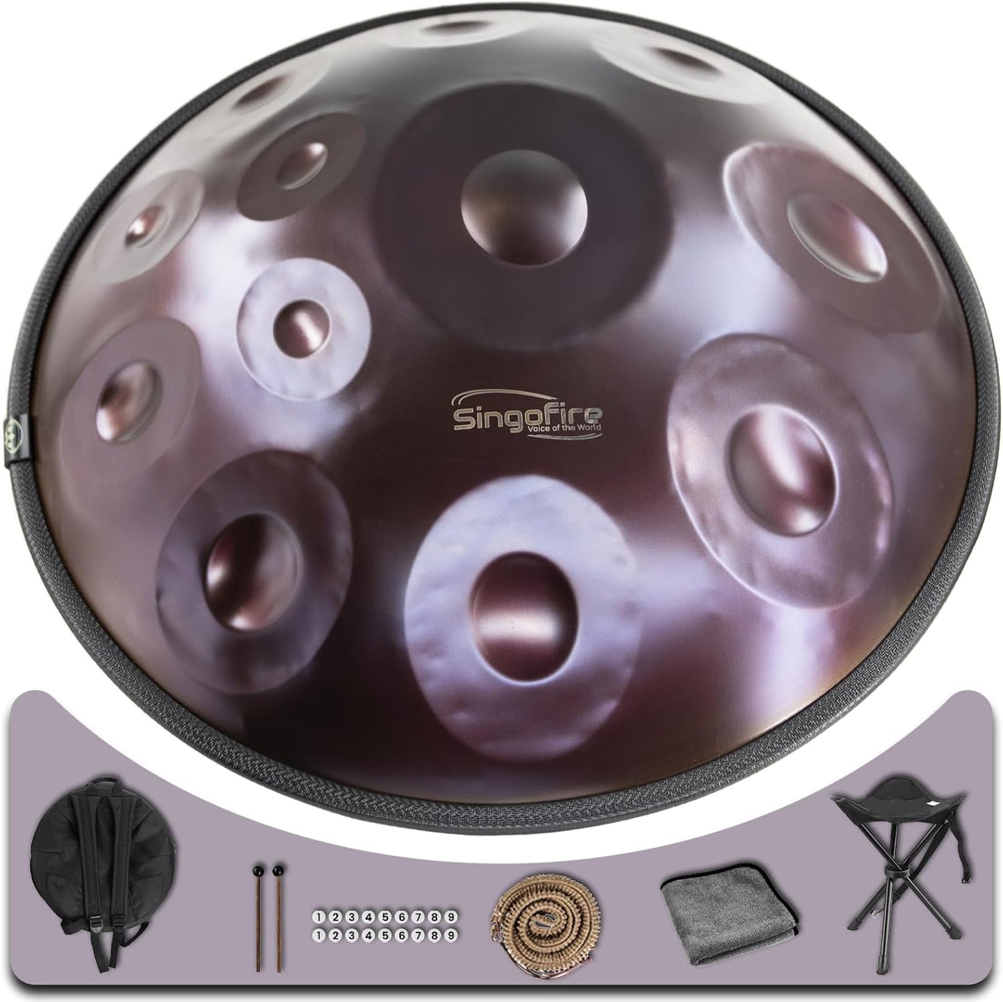 "SINGOFIRE" 12-Notes Handpan Drum, Handpan Drums for Adults, 22-Inch 440Hz D Minor Kurd Handpan, HandPan Instrument with Soft Handpan Bag, 2 Handpan Mallets, Handpan Stand and Dust-Free Cloth(Purple)
