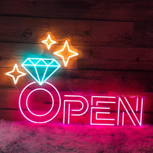 Diamond Open Indoor Neon Sign For Jewelry Store Custom Led Neon Sign Business Decor Store Decor Diamond LED Light Wall Art Decoration, 16.5"x11", Pink
