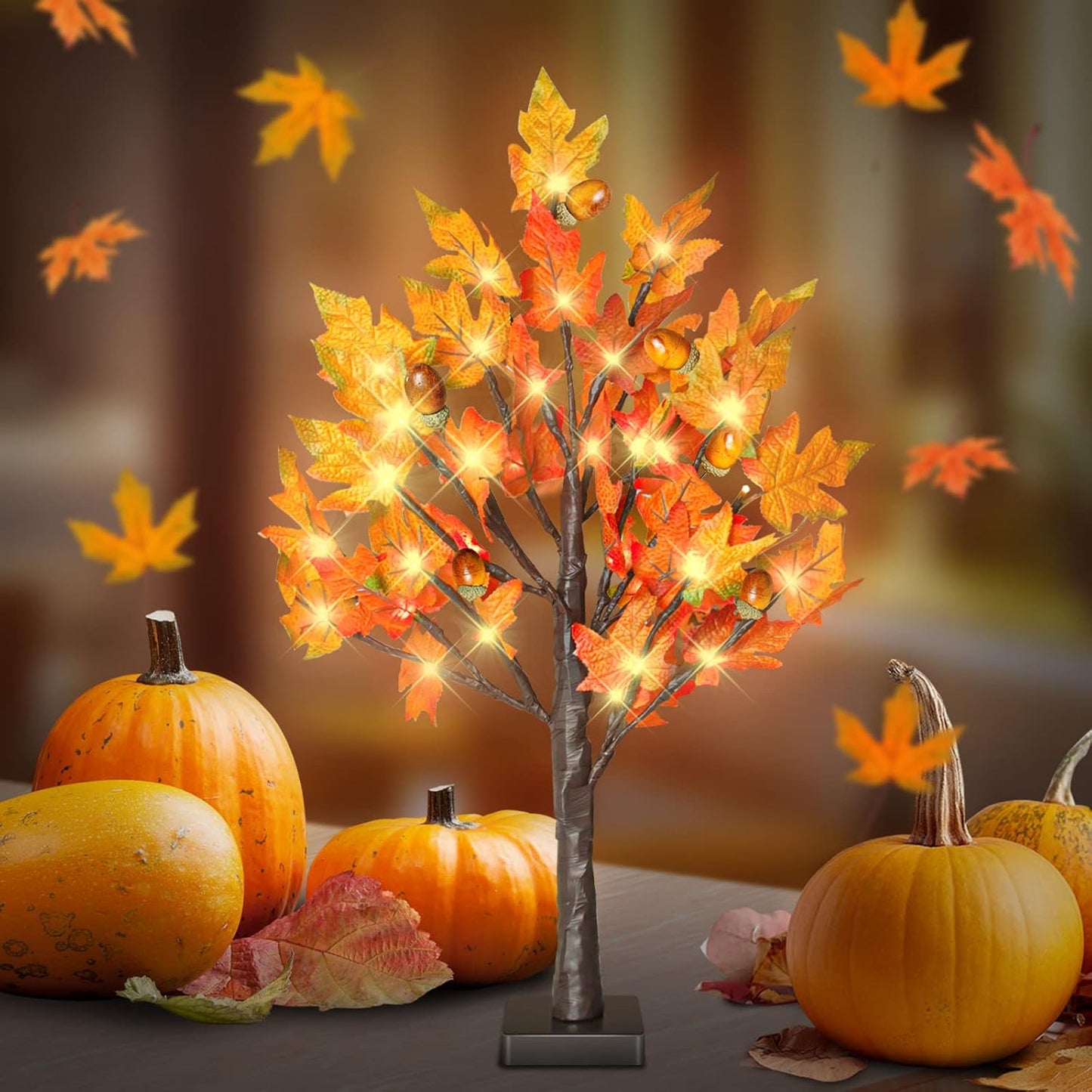 24 Inch Lighted Maple Tree with 36 Lights, 6 Acorn, Timer Battery Operated Tabletop Artificial Fall Tree for Thanksgiving Harvest Home Decor, Fall Table Centerpiece Decorations