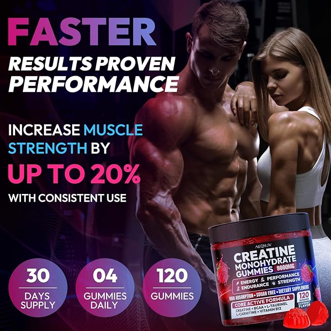Creatine Gummies Monohydrate Complex 9000MG, Pre-Workout Supplement for Men & Women, Creatine Supplement with L-Taurine, BCAA 2:1, B12/6 for Muscle Support, Enhance Strength, Energy Boost-120 Count