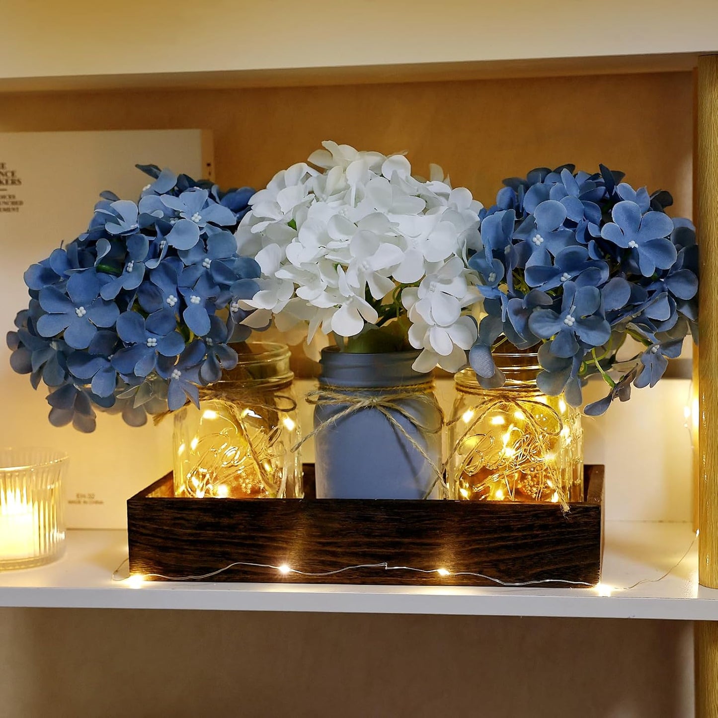 Mason Jar Lights Centerpiece Table Decor for Dining Room Farmhouse Coffee Table Decor with Wood Tray Fairy Lights Fake Hydrangea Flowers for Kitchen Living Dining Room - Blue White