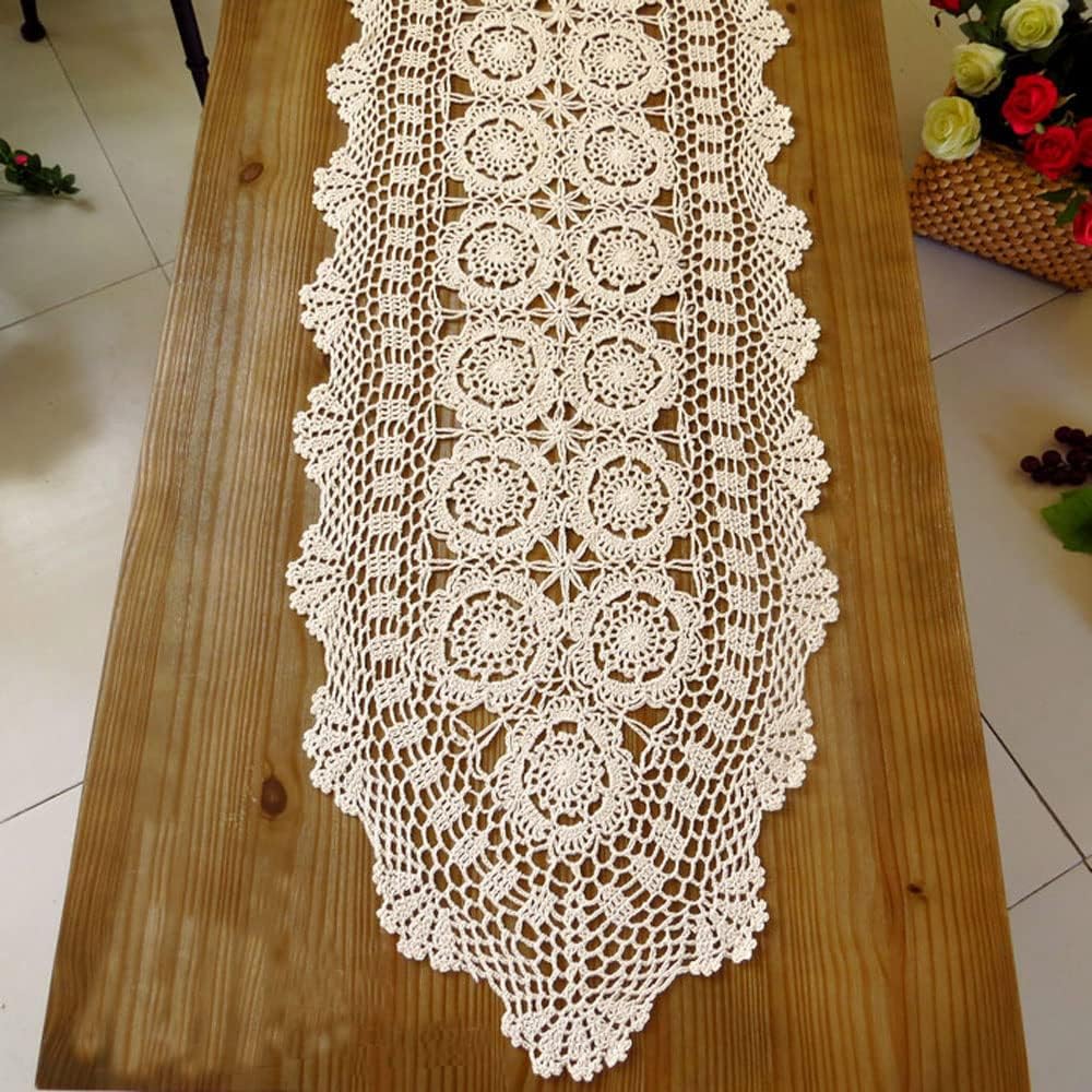 Cotton Handmade Crochet lace Table Runners Oval Tablecloth Doilies Doily Table Dresser Scarf Décor,15x27 inch,Beige