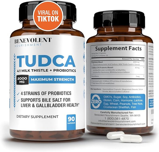 2000mg TUDCA Bile Salts Supplement Complex | Supports Liver Detox & Cleanse, Gallbladder, Gut & Kidney Health | 4:1 Milk Thistle + Probiotics for Max Absorption| USA Made | 90 Non-GMO V Capsules