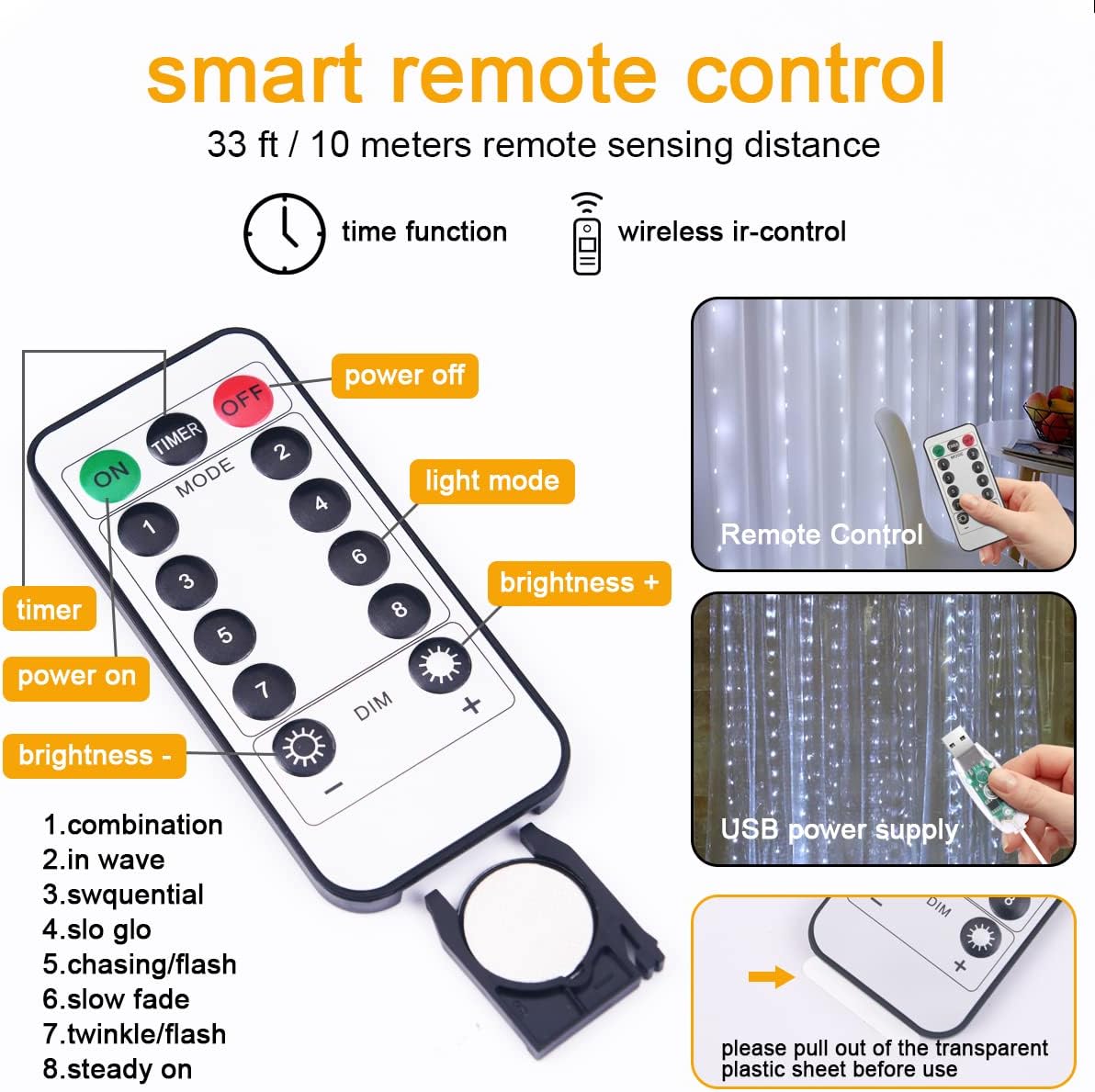 Vicloon Fairy Curtain Lights,300 LED White Curtain Lights,8 Modes 9.8×9.8Ft Waterproof Window Curtain String Light USB Powered with Remote Control,Christmas String Lights Curtain for Indoor/Outdoor