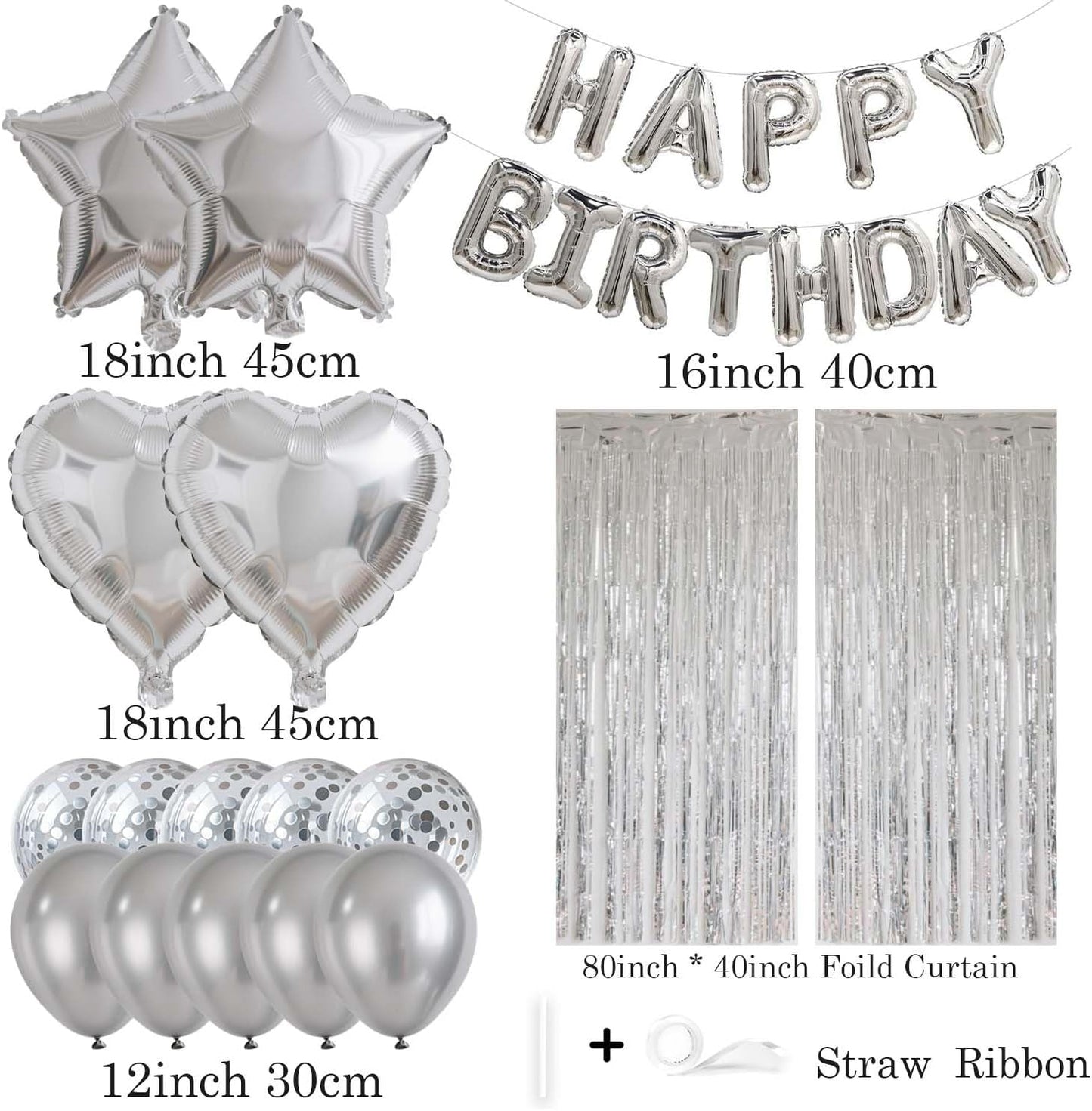 29 Pcs Silver Birthday Party Decorations - Happy Birthday Balloons Banner Silver, Heart & Star Foil Balloons, Confetti & Latex Balloons, Foil Fringe Curtains Party Supplies for Men