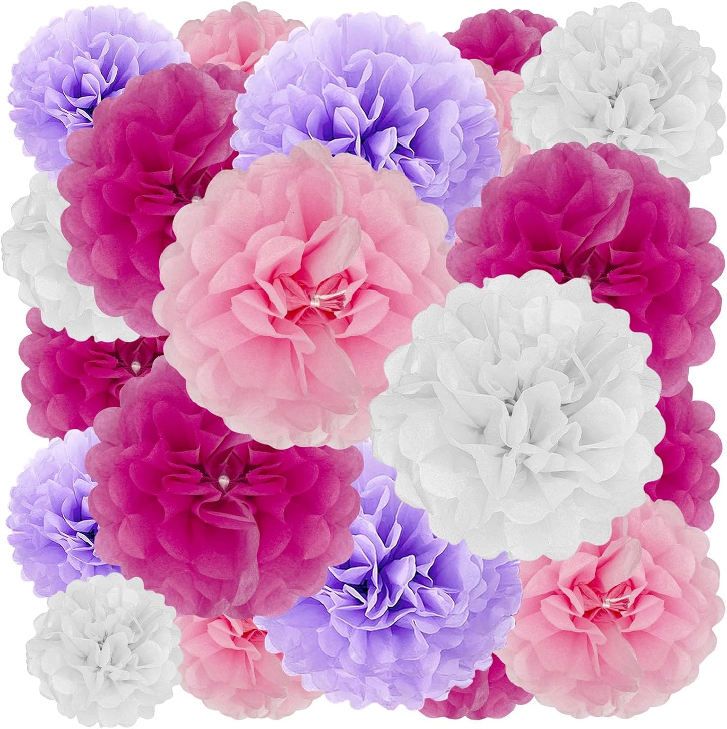 Tissue Paper Pom Poms, Purple Pink White Tissue Paper Flowers, Hanging Flower Balls for Weddings Fiesta Parties Birthday Baby Showers Classroom Bridal Shower Decoration (20Piece Set-6/10/12/14Inch)