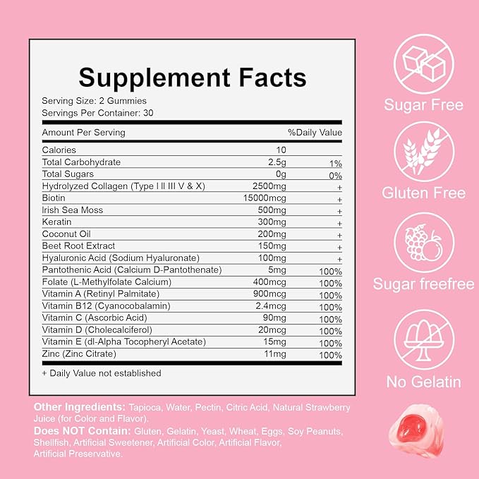 Collagen Gummies for Women – Low Sugar, Strawberry Flavor, Type I II III V X Collagen with Biotin, Vitamin C D B12 Zinc – Hydrolyzed Peptides for Hair Skin Nails Joints – 2 Pack (120 Gummies)