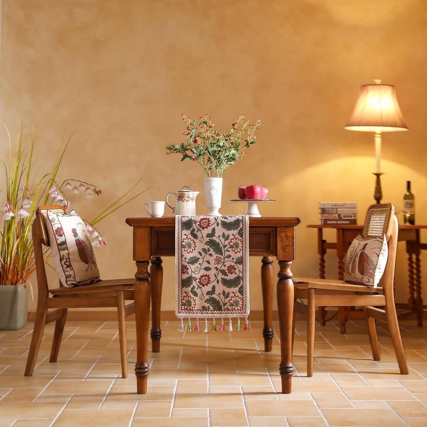 ISAENNE Designer Provence Elegant Linen Extra Long Table Runner 118 Inches,Flower and Leaves Pattern Durable Table Runners for Dining Tables,Thanksgiving,Kitchen Tables,Christmas,12"*118"-Ratina