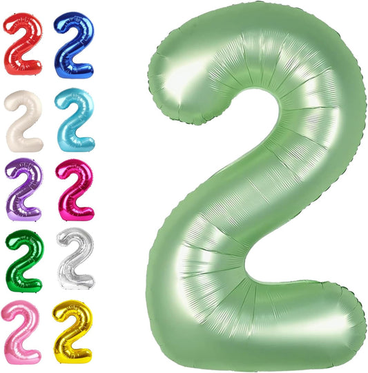 Big 40 Inch Sage Green 2 Number Balloon Birthday Decoration, 2026 Oliver Green Number 2 Helium Balloons 12 20 22 23 24 26 28 32 42 Celebration, Boy Girl Baby Anniversary Party Graduations Supplies