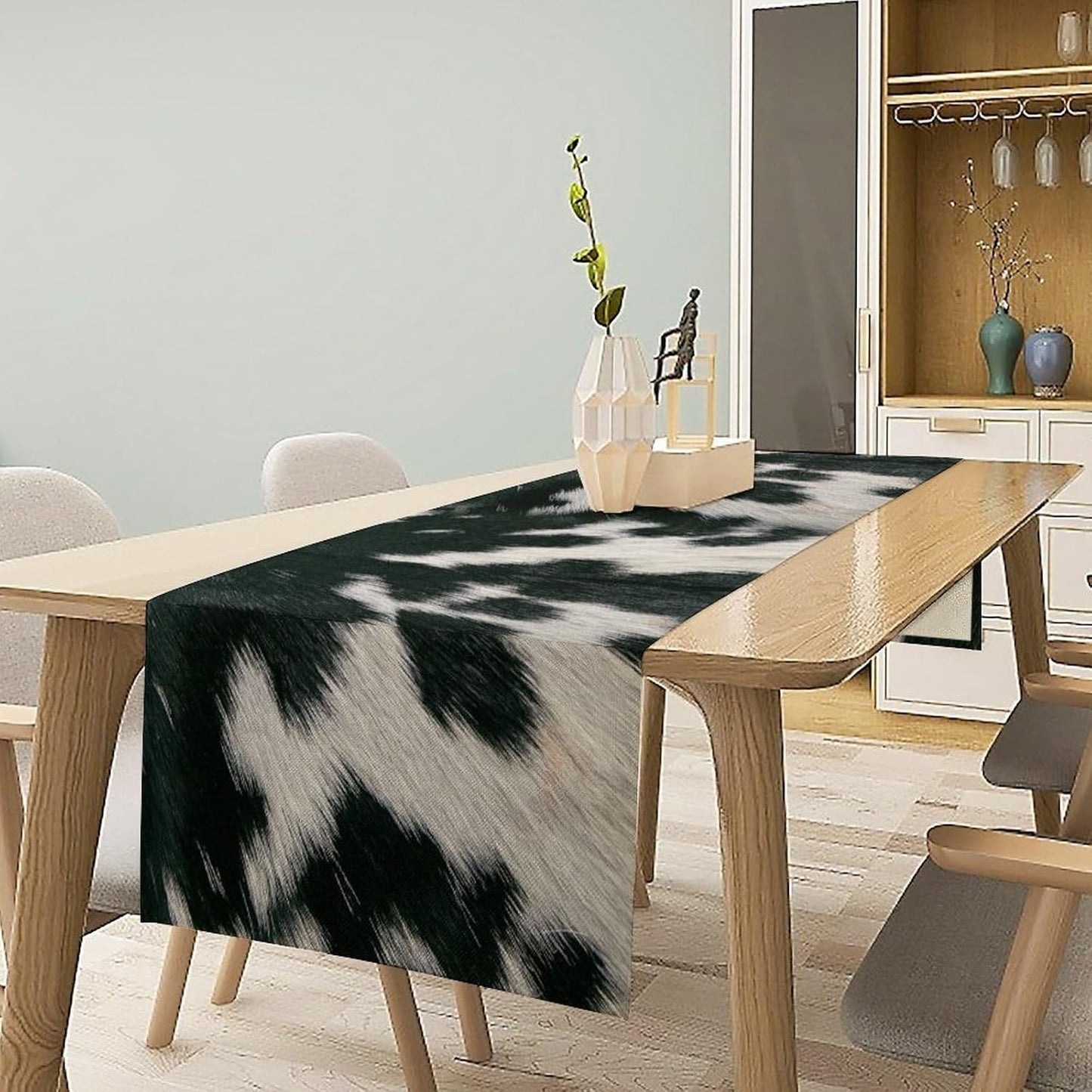 Cow Skin Print Table Runner, Rustic Country Farm Fur Skin Cowhide Pattern Western Style Black White Print Table Runner for Home Kitchen Dinning, 13x36 Inch