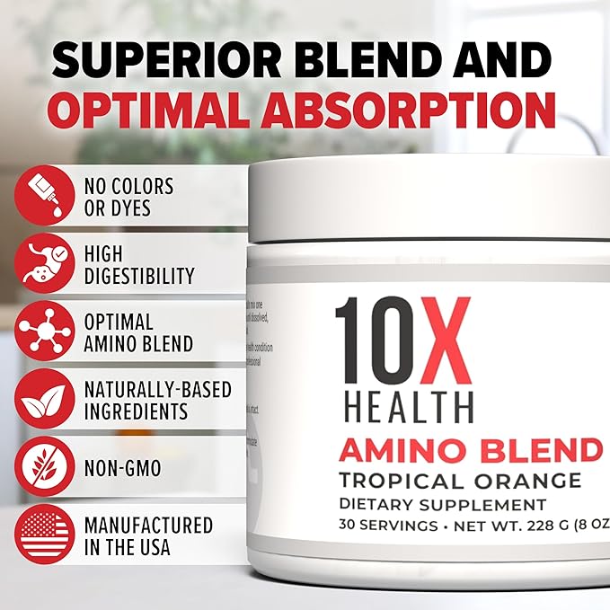 10X Health Amino Blend Pre Workout Powder for Men - Tropical Orange Flavor - EAA & BCAA Powder Amino Acids Supplement for Energy, Muscle Strength & Performance – Pre and Post Workout - 30 Servings